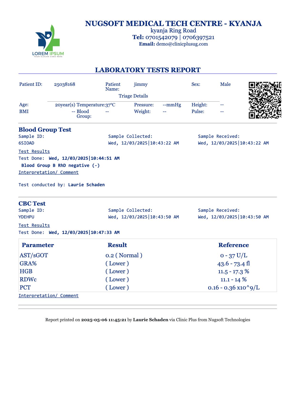 Laboratory Tests Report